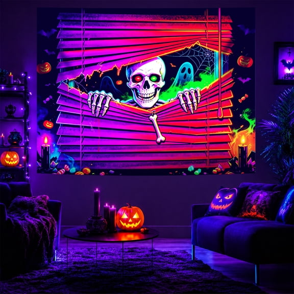 UV Reactive Blacklight Halloween Tapestry, 70 x 90 Inch Glow‑in‑the‑Dark Spooky Wall Hanging Poster Decor for Home Dorm Bedroom Halloween Party Supplies