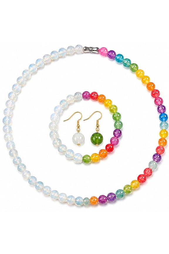 UV Reactive Color Changing Jewelry Set, Dopamine Rainbow Beaded Necklace Bracelet Earrings for Women, Sunlight Activated Photochromic Vacation Aesthetics Summer Beach Festival Accessories
