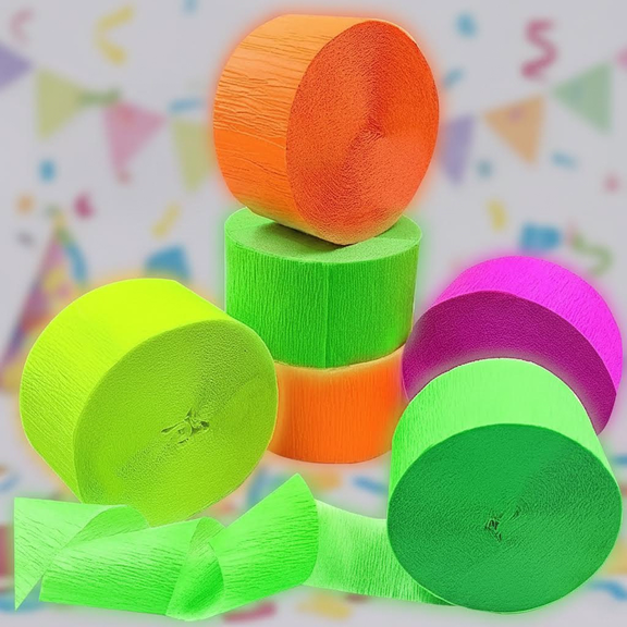 UV Reactive Fluorescent Glow Party Streamers - 4 Rolls Blacklight Crepe Paper Decorations for Neon, Birthday, Wedding & Fiesta Party Supplies