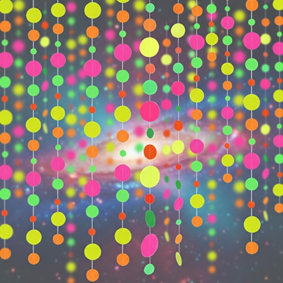 UV Reactive Round Dot Paper Garland Streamers for Glow in The Dark Party Decor, Black Light Neon Decorations for Wedding Birthday Banner Supplies
