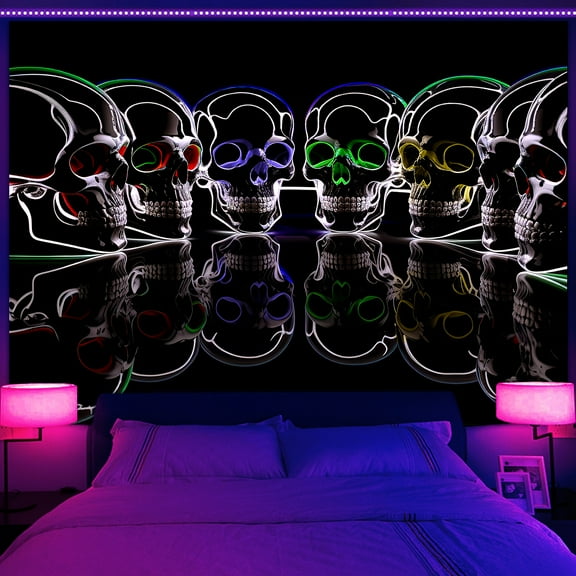 UV Reactive Skull Tapestry, Blacklight Skeletons surround the gaze Tapestry for Bedroom, Nature Tapestry Wall Hanging Home Decor 60X40in