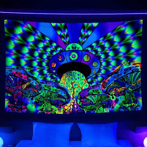 UV Reactive Trippy Tapestry, Blacklight Psychedelic Mushroom Aliens Fantasy Tapestry for Bedroom, UFO Tapestry Wall Hanging for Bedroom Living Room 80X60 inches