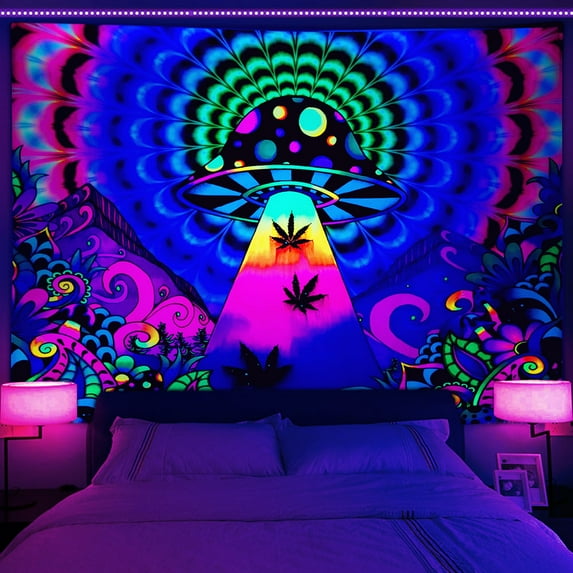 UV Reactive Trippy Tapestry, Blacklight Psychedelic Mushroom Fantasy Mountain Tapestry for Bedroom, Nature Tapestry Wall Hanging Home Decor 40X30in