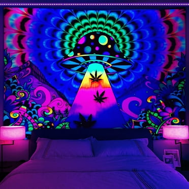 UV Reactive Trippy Tapestry, Blacklight Psychedelic Mushroom Fantasy Mountain Tapestry for Bedroom, Nature Tapestry Wall Hanging Home Decor 60X40in