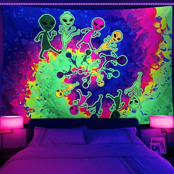UV Reactive Trippy Tapestry Home Decor, Blacklight Psychedelic Tie-Dye Fantasy Tapestry for Bedroom, Black Light Aliens Tapestry Wall Hanging for Bedroom Living Room 60x40 inches
