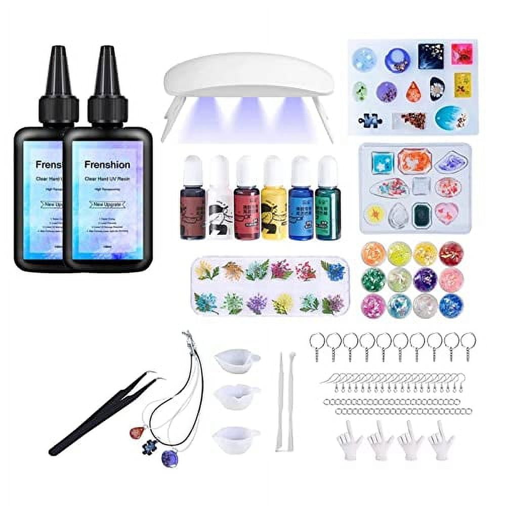 Frenshion UV Resin Kit with Light,113Pcs Resin Jewelry Making Kit with 200g Fast Cure Clear Hard Low Odor UV Resin, Color Pigment, Resin Accessories