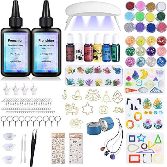 UV Resin Kit with Light,206Pcs Resin Jewelry Making Kit with 200g Fast Cure Clear Hard Low Odor UV Resin, Color Pigment, Resin Accessories, UV Resin Starter Kit for Jewelry Making