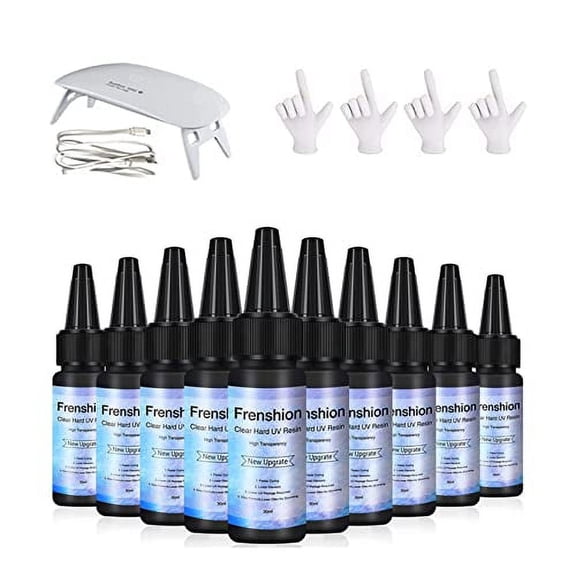 UV Resin Lamp Included-10 Pcs 30ML Upgrade I Minute Quick Cure! Hard Type Crystal Clear Epoxy Resin, UV Glue Ultraviolet Curing, Solar Cure Sunlight Activated Resin Clear Adhesive Glue +4Pairs Glove