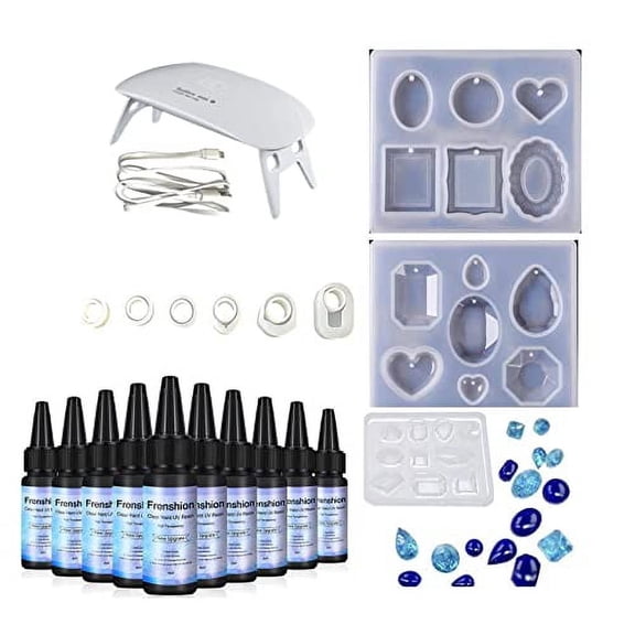 UV Resin Lamp Included-10 Pieces 30ML Upgrade I Minute Quick Cure! Hard Type Crystal Clear Epoxy Resin, UV Glue Ultraviolet Curing, Solar Cure Sunlight Activated Resin Clear Adhesive Glue +9Molds