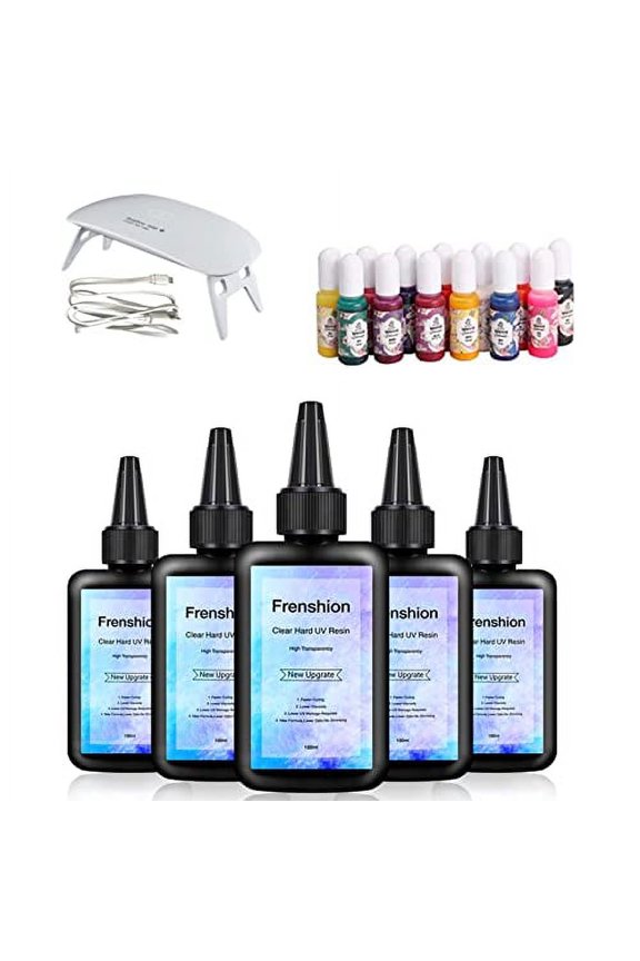 UV Resin Lamp Included-5X100ML Upgrade I Minute Quick Cure! Hard Type Crystal Clear Epoxy Resin, UV Glue Ultraviolet Curing, Solar Cure Sunlight Activated Resin Clear Adhesive Glue+15 Pigment