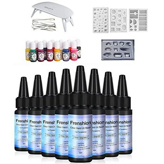 UV Resin Lamp Included-8 Pieces 30ML Upgrade I Minute Quick Cure! Hard Type Crystal Clear Epoxy Resin, UV Glue Ultraviolet Curing, Solar Cure Sunlight Activated Resin +4Molds+15 Color Pigment