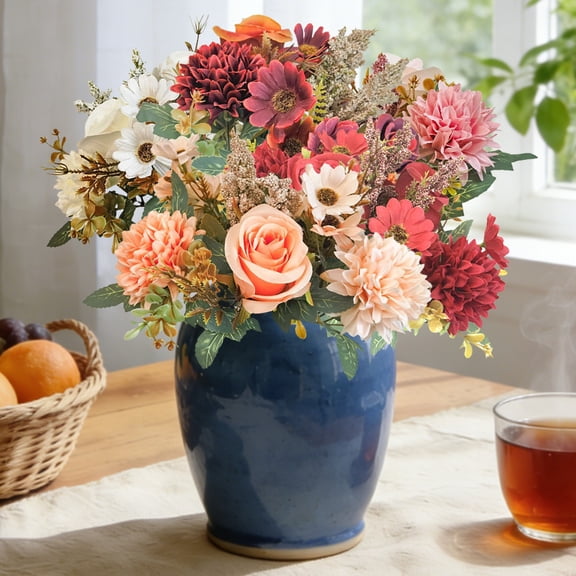 UV Resistant Artificial Flowers with Green Leaves, Realistic Faux Flowers Bouquet, All Weather Decor, Ramos De Flores Artificiales for Vase Arrangement(Coffee)