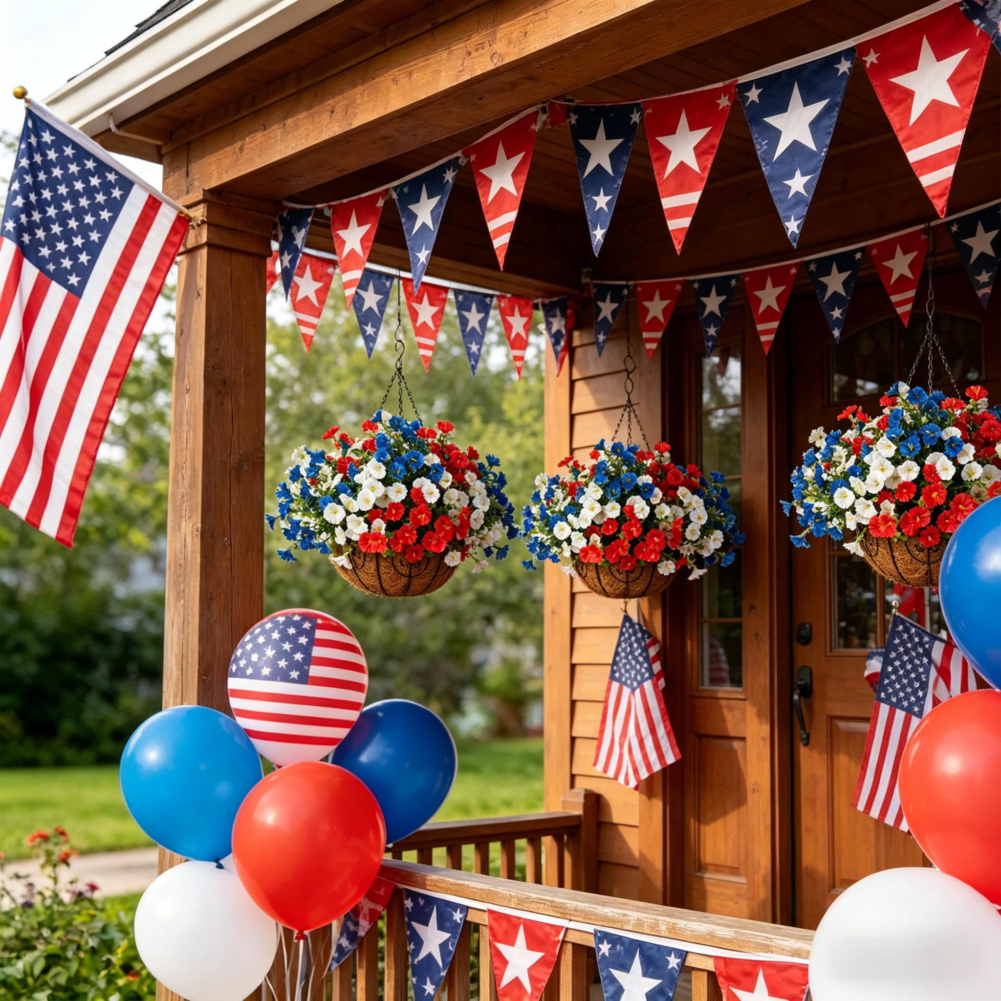 UV Resistant Artificial Flowers, Patriotic Red White Blue Faux Flowers, Outdoor Hanging Basket Decor for Porch Patio, Summer Decoration