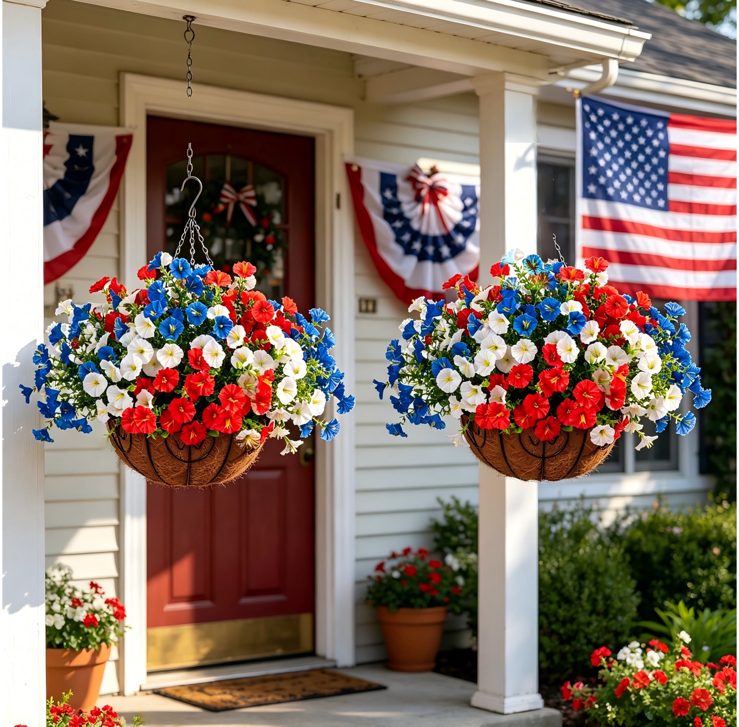 UV Resistant Artificial Flowers, Patriotic Red White Blue Faux Flowers, Outdoor Hanging Basket Decor for Porch Patio, Summer Decoration