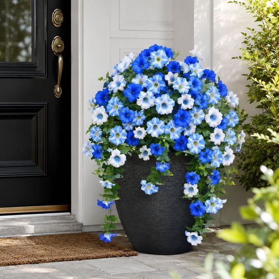 UV Resistant Artificial Petunia Bush Flower, Realistic Faux Petunia Floral Shrub, Outdoor Indoor Decor for Garden Patio Window Box Bonsaier Landscaping Home Decoration (Purple Blue Pink), Blue