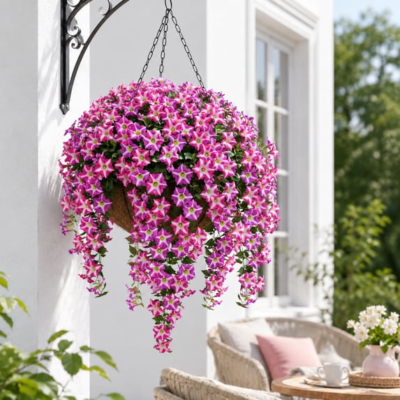 UV Resistant Artificial Petunia Flower Bush, Faux Floral Greenery Stalks for Outdoor Indoor Garden, Purple Blue Pink Fake Flowers for Porch Patio Window Box Planter Landscaping Decor
