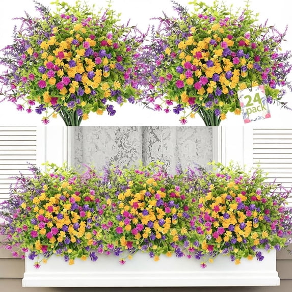 UV Resistant Artificial Spring Flowers Fake Greenery Faux Silk Wildflowers for Home Planter Porch Garden Outdoor Decor 24 Bundles
