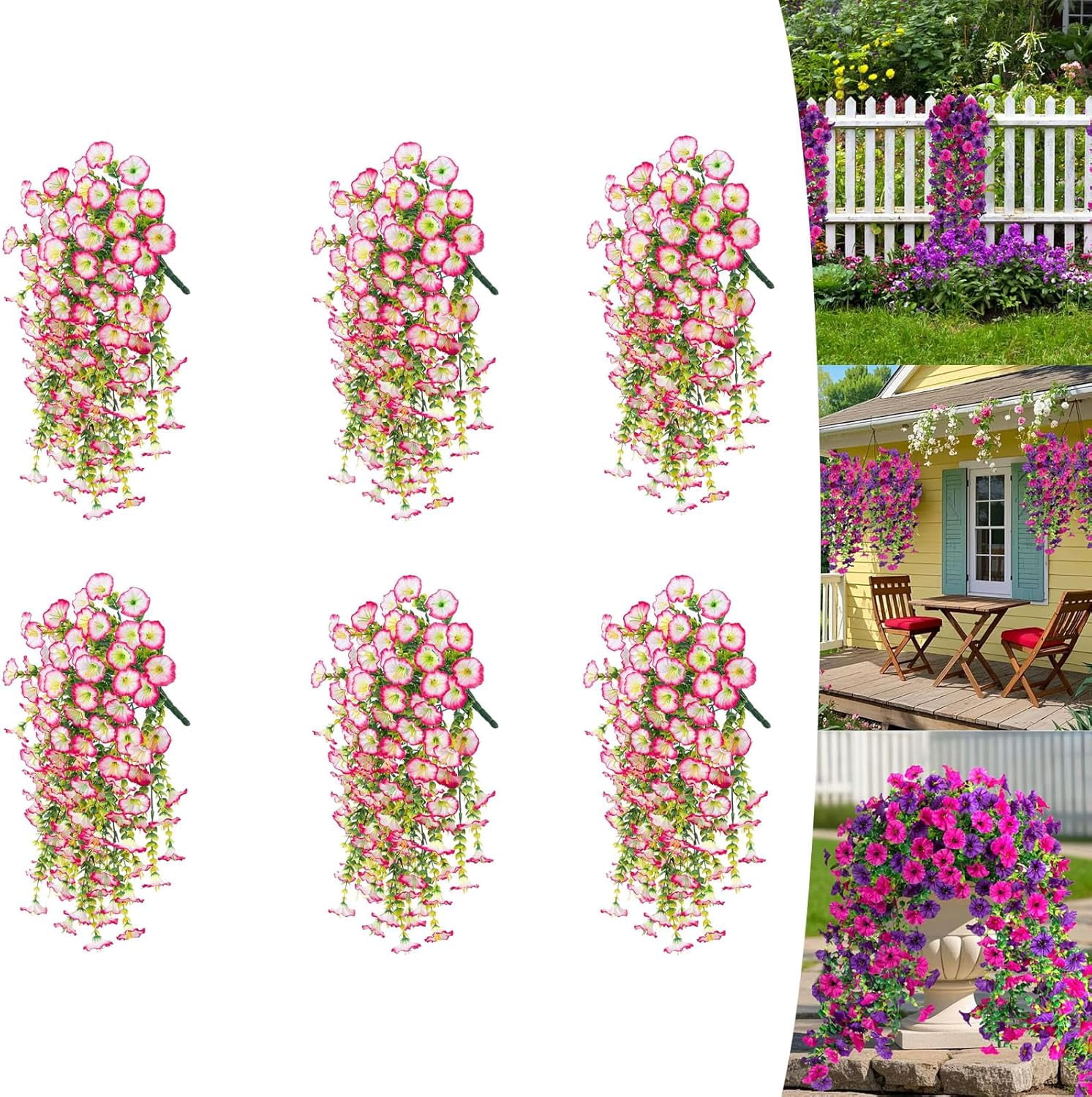 UV Resistant Hanging Artificial Morning Glory Vine, 4-Pack Outdoor Artificial Flowers, Hanging Morning Glory Artificial Flowers for Spring Garden Porches Home Decor (6, Pink)