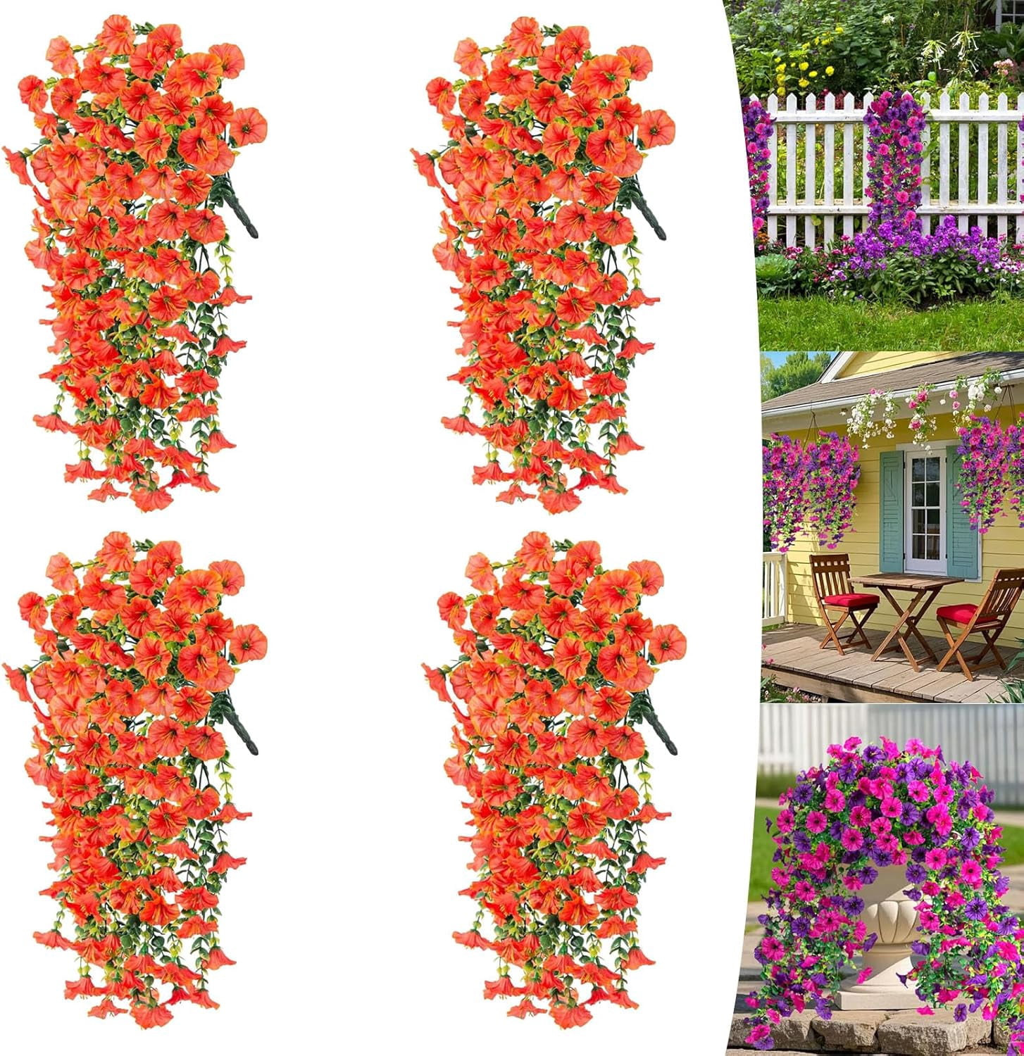 UV Resistant Hanging Artificial Morning Glory Vine, 4-Pack Outdoor Artificial Flowers, Hanging Morning Glory Artificial Flowers for Spring Garden Porches Home Decor (4, Orange)