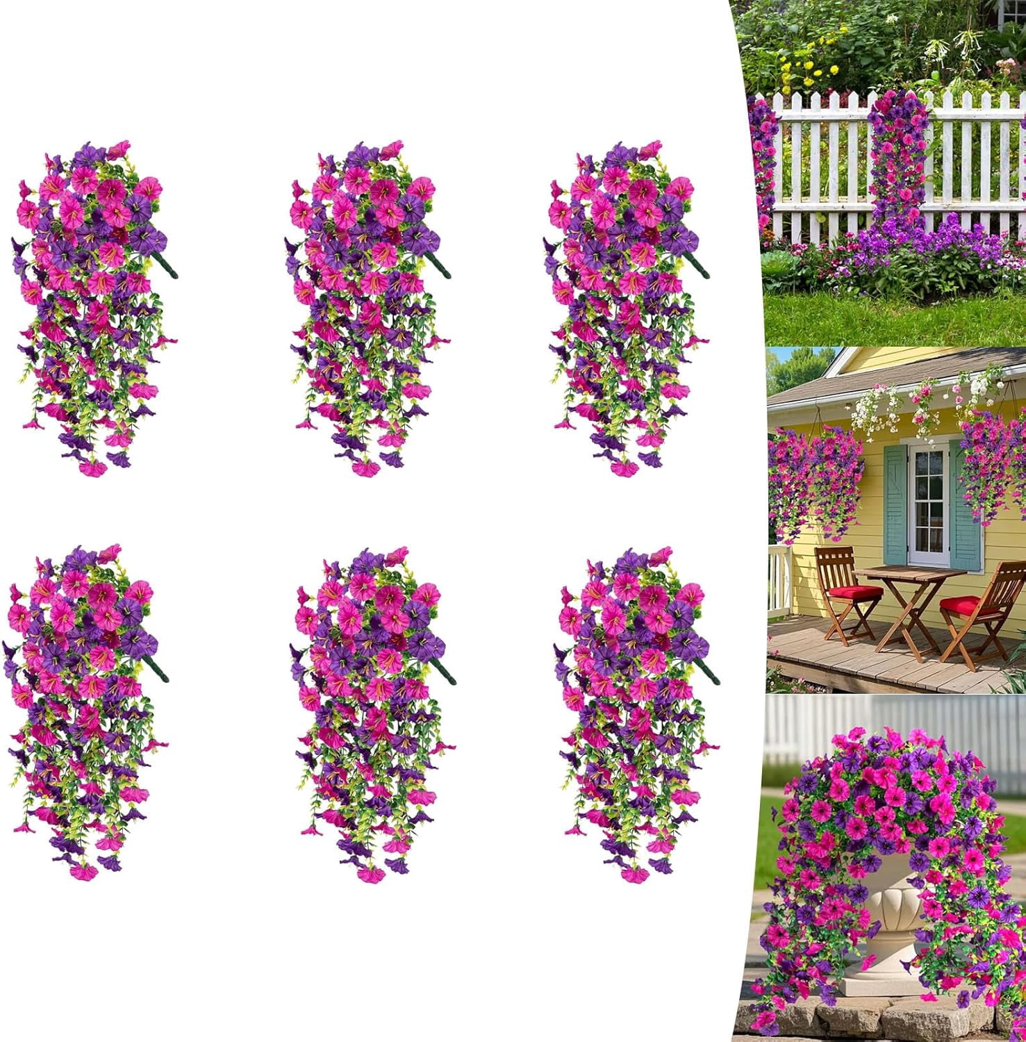 UV Resistant Hanging Artificial Morning Glory Vine, 4-Pack Outdoor Artificial Flowers, Hanging Morning Glory Artificial Flowers for Spring Garden Porches Home Decor (6, Purple Red)