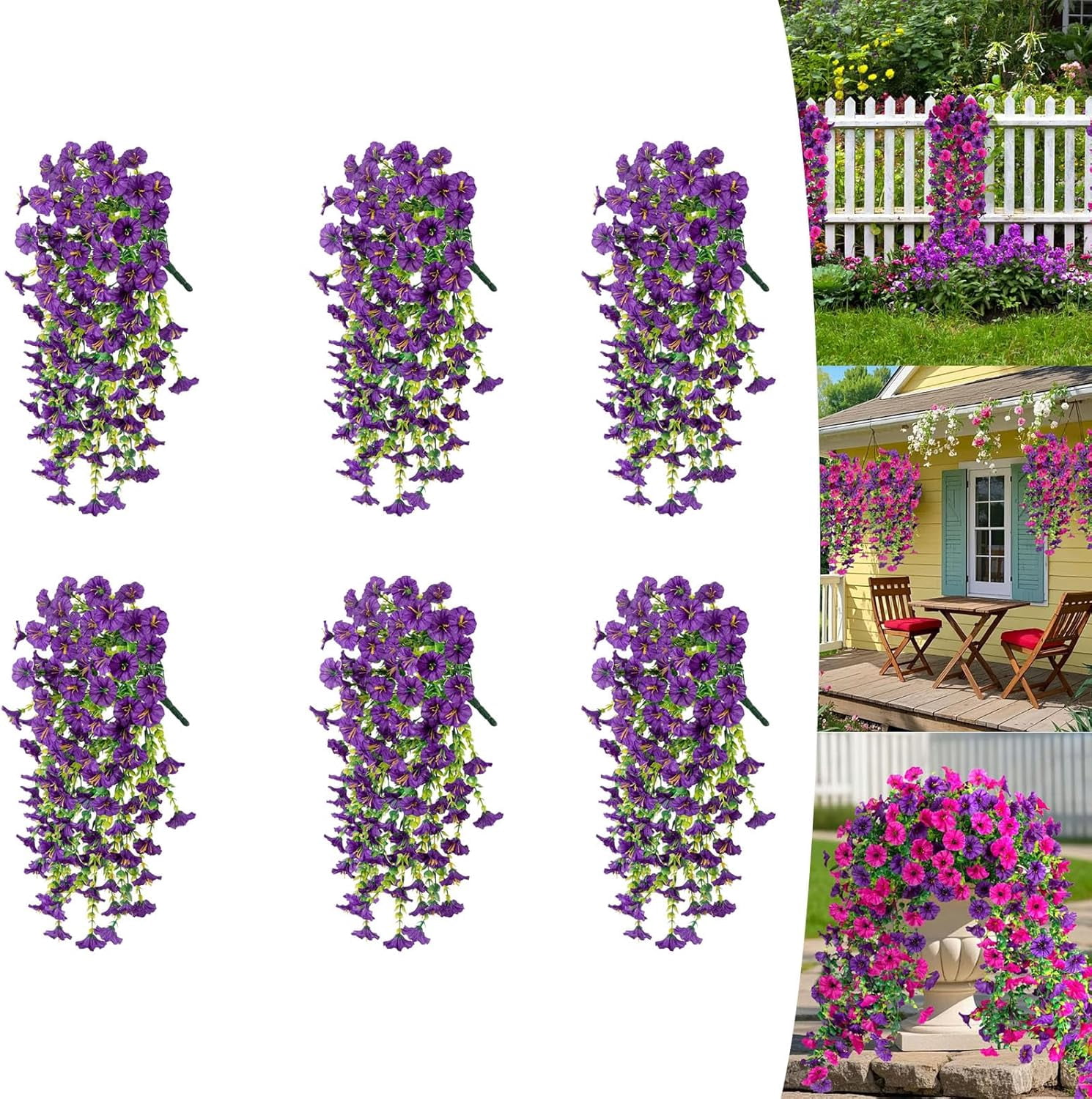 UV Resistant Hanging Artificial Morning Glory Vine, 4-Pack Outdoor Artificial Flowers, Hanging Morning Glory Artificial Flowers for Spring Garden Porches Home Decor (6, Purple)