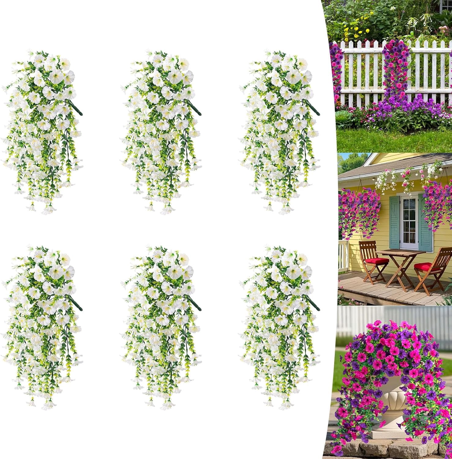 UV Resistant Hanging Artificial Morning Glory Vine, 4-Pack Outdoor Artificial Flowers, Hanging Morning Glory Artificial Flowers for Spring Garden Porches Home Decor (6, White)