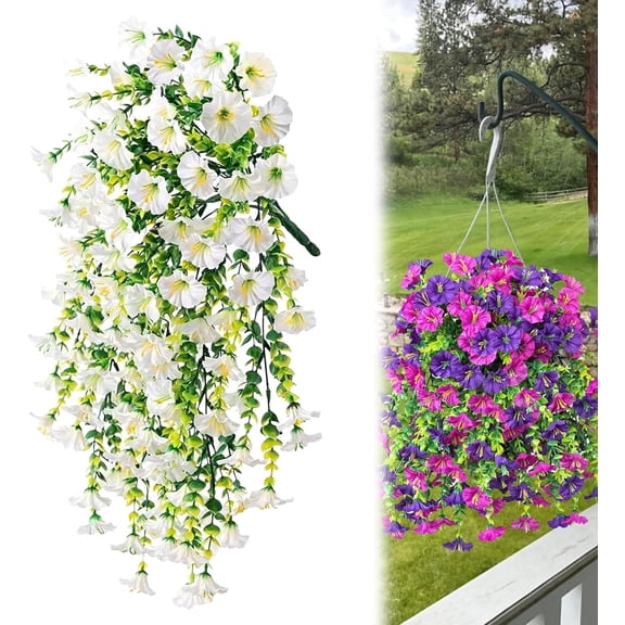 UV Resistant Hanging Artificial Morning Glory Vine Faux Silk Flowers No Fade Fake Greenery Hanging Plants for Front Door Garden Porch Patio Decor White 4 Pack (K)