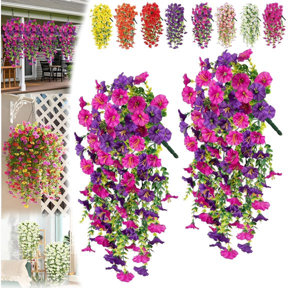 UV Resistant Hanging Artificial Morning Glory Vine, Outdoor Faux Flowers for Porch Balcony Patio, Lifelike Cascading Fake Plants for Garden Fence Window Box Home Decor (2, Purple&Red)