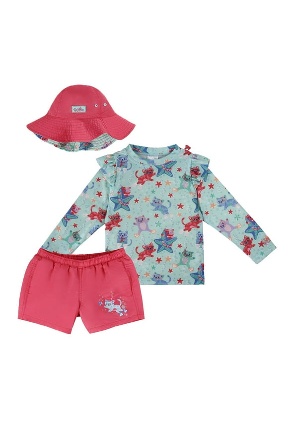 UPF 50+ Girls 3-Piece Swim Set (3T, Scuba Cats)