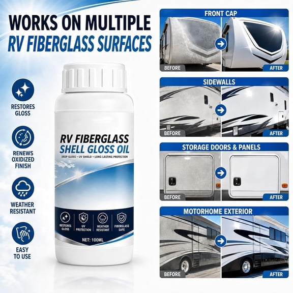 UV Shield RV Fiberglass Gloss Oil Shine Restorer RV Fiberglass Shell Gloss Oil RV Restoration Kit Fiberglass Care Oil Formula Weather Resist Long Lasting Protection(100ml 1PC)