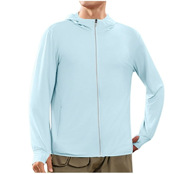 UV Spf Top Shirts for Mens Summer Rash Guard Sun Protection Hoodie Front Zipper Long Sleeve Shirts UV Spf Tees Shirts Ultra Soft Athletic Stretch Blouses Light Breathable Sun-Protective Clothing