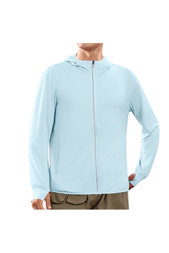 UV Spf Top Shirts for Mens Summer Rash Guard Sun Protection Hoodie Front Zipper Long Sleeve Shirts UV Spf Tees Shirts Ultra Soft Athletic Stretch Blouses Light Breathable Sun-Protective Clothing