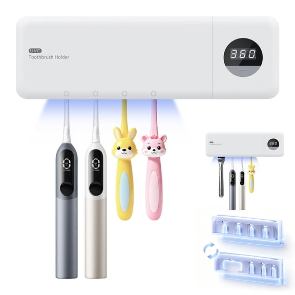 UV Toothbrush Holder, Rechargeable Tooth Brush Smart Cleaner with Light Cleaning Air Drying, 4 Slots & Timer Function Wall-Mounted Holder for Bathroom