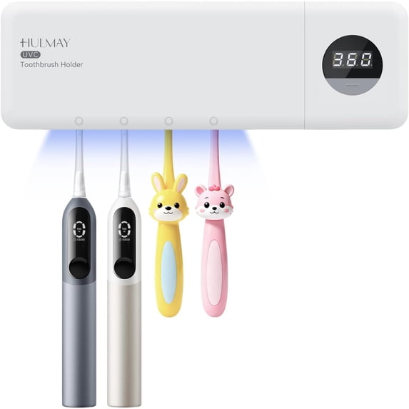 UV Toothbrush Sanitizer with Holder, Electric Toothbrush Holder Wall Mounted with Cover for 4 Slots, 2000mAh Rechargeable with Timer, Cordless Bathroom Organizer - White