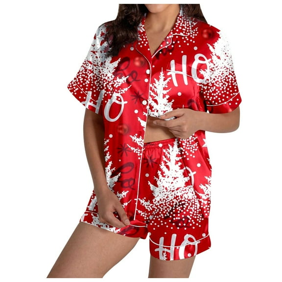 UV protection split short pajama sets for women UPF 50+ sleepwear Women's Christmas HoHo Snowflake Print Shorts & Short Sleeve Pajama Set