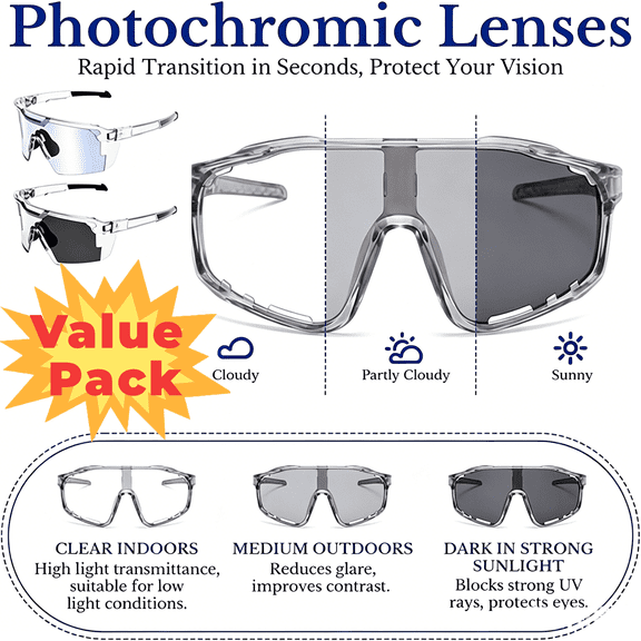 UV400 Photochromic Polarized Safety Glasses - Impact Resistant PC Lens Transition Sunglasses for Sports & Work, (1PC Gray)