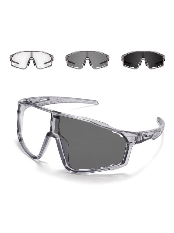 UV400 Photochromic Polarized Sports Sunglasses, Impact Resistant PC Lens Oversize Wrap Around Outdoor Glasses for Cycling Driving Fishing Hiking, Unisex