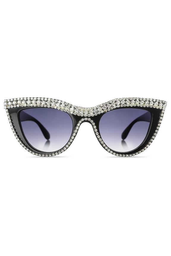 UV400 Protection Women's Rhinestone Studded Cat Eye Sunglasses, Black