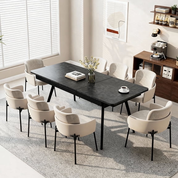 Auto-extending Dining Table for 4-8, Modern Wood Dining Table for Small Spaces, Kitchen, Space Saving Hidden Leaves, Black Lava