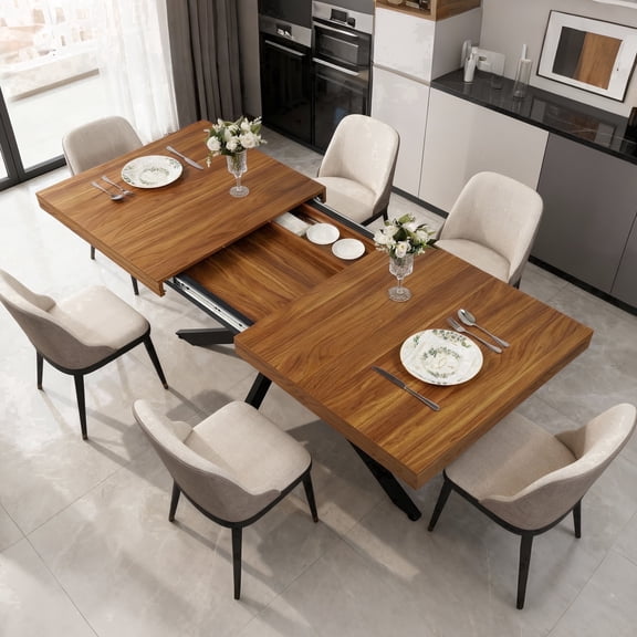 Extendable Dining Table for 6-8 People, Space Saving for Restaurant, Conference, Dhaka Walnut