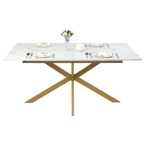 UVANIOHOM 63"-78.74" Extendable Dining Table for 6-10 People, Modern Wooden Rectangle Kitchen Table with Sintered Stone Faux Marble Tabletop for Restaurant, Conference, Gold