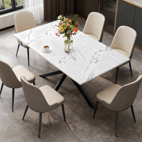 63"-78.74" Extendable Dining Table for 6-10 People with Strong Metal Legs, Space Saving Expandable Table with Sintered Stone Faux Marble Tabletop for Restaurant, Conference, White