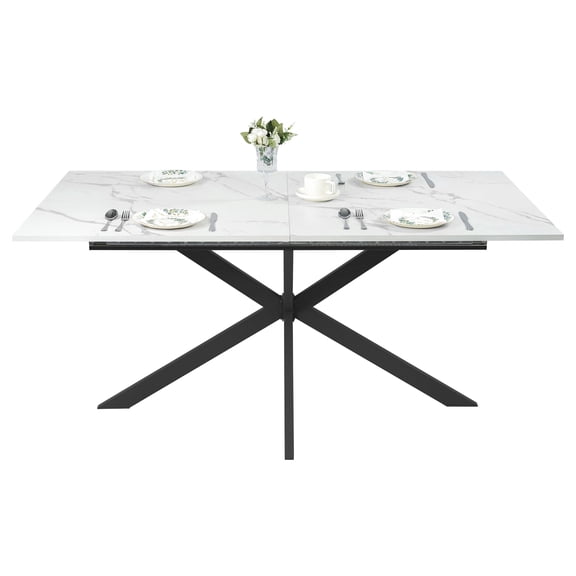 UVANIOHOM 63"-78.74" Extendable Dining Table for 6-10 People with Strong Metal Legs, Space Saving Expandable Table with Sintered Stone Faux Marble Tabletop for Restaurant, Conference, White