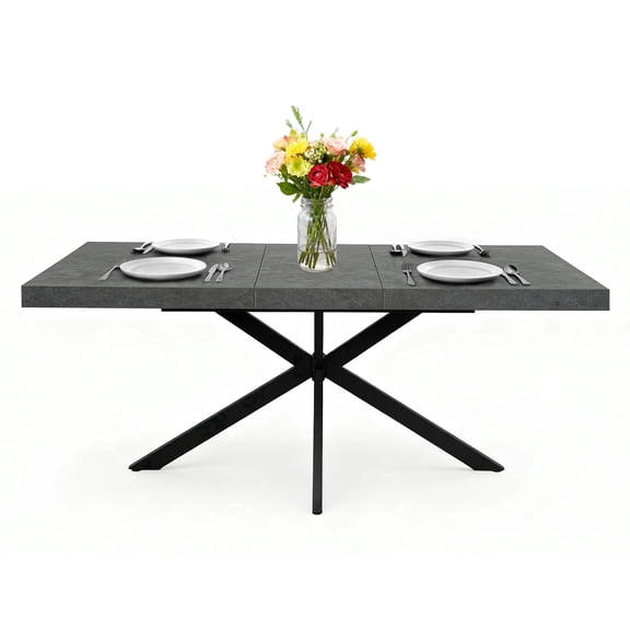 UVANIOHOM 55-70.9" Extendable Dining Table, X Legs & Hidden Storage, 4-8 Seat space-saving Table, Black Lava