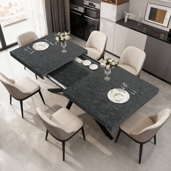 UVANIOHOM 4-8 People Extendable Dining Table - Hidden Storage, X-Shaped Metal Legs,For Kitchen, Living Room & Dining Room,Black Lava