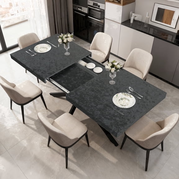 4-8 People Extendable Dining Table - Hidden Storage, X-Shaped Metal Legs,For Kitchen, Living Room & Dining Room,Black Lava
