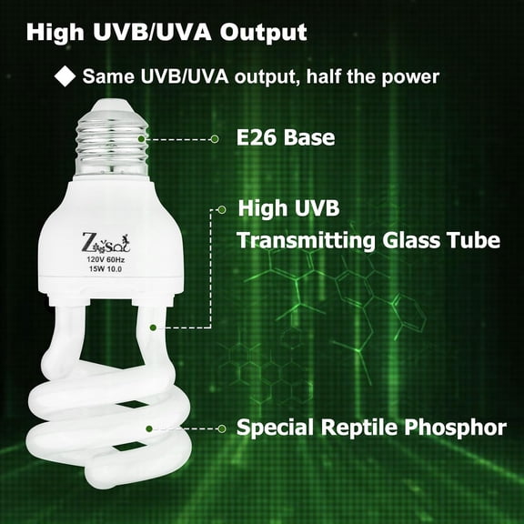 UVB Light Bulb for Reptiles 15W 10.0 High UVB-Transmitting-Glass Tube Spiral Lamp UVA UVB Reptile Light for Bearded Dragon