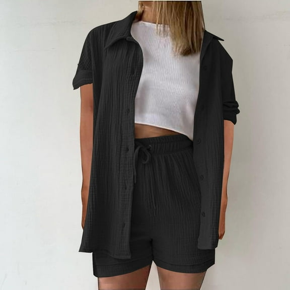 UVEASISHA 2 Piece Linen Set for Women Short Sleeve Button Down Shirts and Shorts Set Summer Casual Travel Outfits Black M
