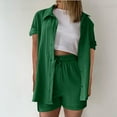 thumbnail image 1 of UVEASISHA 2 Piece Linen Set for Women Short Sleeve Button Down Shirts and Shorts Set Summer Casual Travel Outfits Green L, 1 of 5