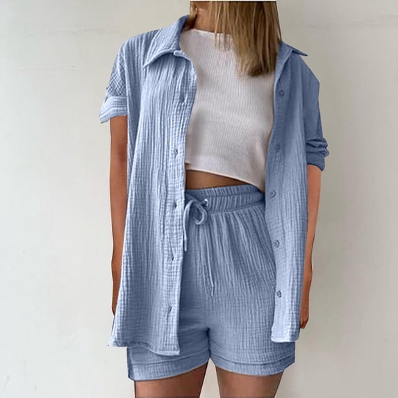 UVEASISHA 2 Piece Linen Set for Women Short Sleeve Button Down Shirts and Shorts Set Summer Casual Travel Outfits Light Blue M